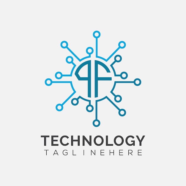 Początkowy monogram PF dla logo technologicznego z rysunkiem w stylu okręgu