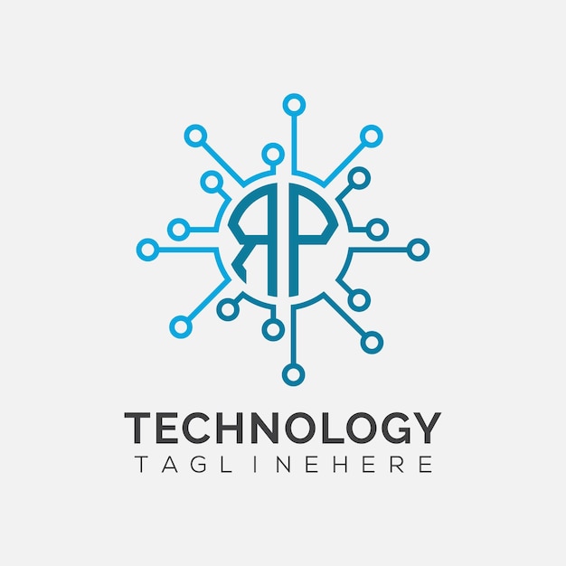 Początkowy monogram RP dla logo technologicznego z rysunkiem w stylu okręgu