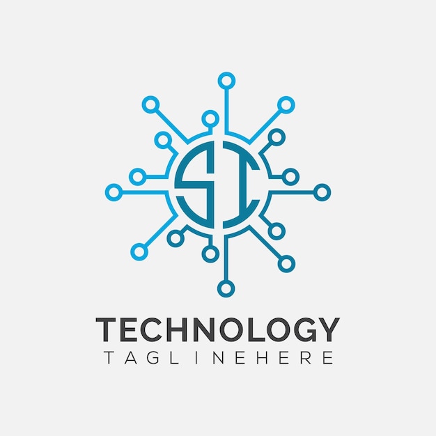 Początkowy monogram SI dla logo technologicznego z rysunkiem w stylu okręgu