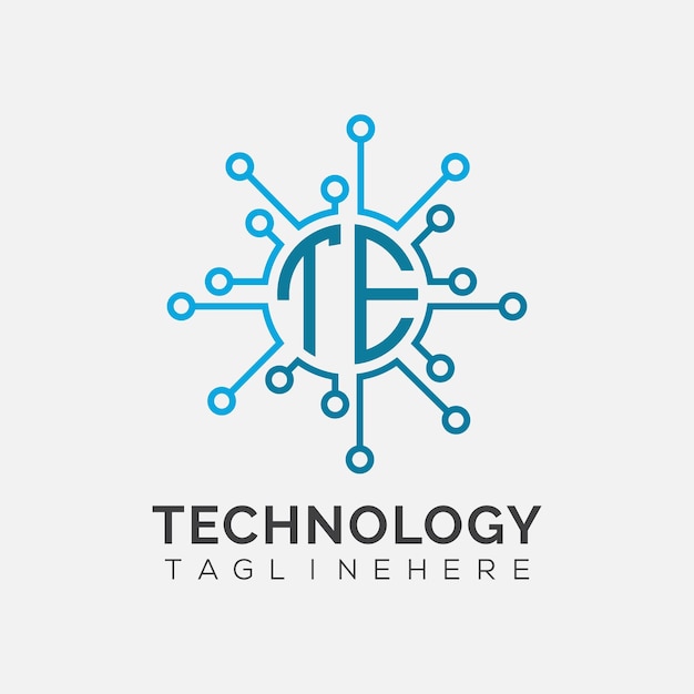 Początkowy monogram TE dla logo technologicznego z rysunkiem w stylu okręgu