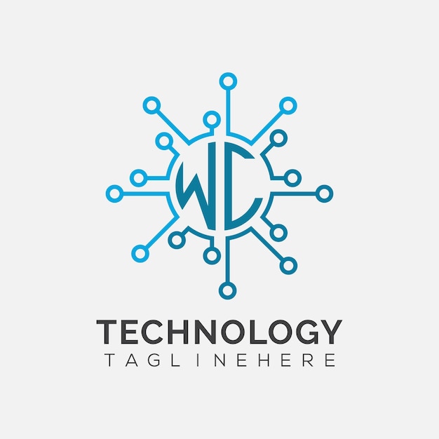 Początkowy monogram WC dla logo technologicznego z wzorem w stylu okręgu