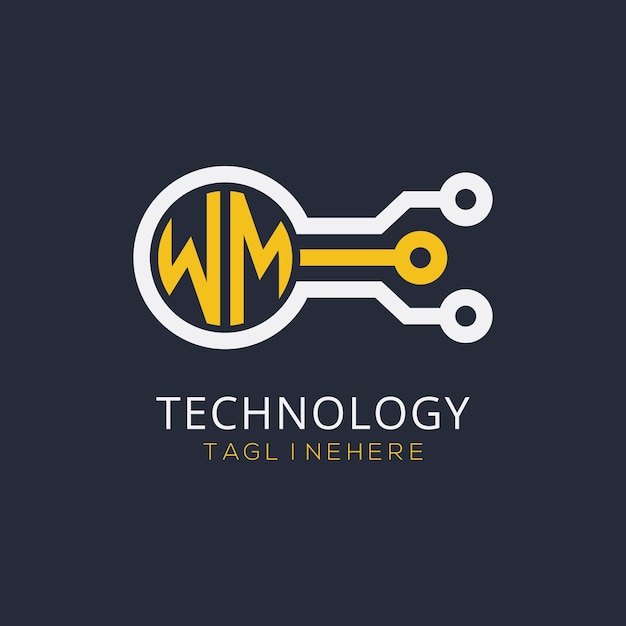 Początkowy monogram WM dla logo technologicznego z wzorem w stylu okręgu