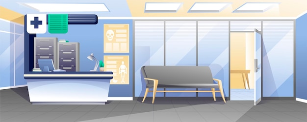 Plik wektorowy poczekalnia w tle szpitala biurko recepcjonistka z lampą komputerową szuflady sofa dla pacjentów drzwi do szafki medycznej profesjonalna scena opieki zdrowotnej