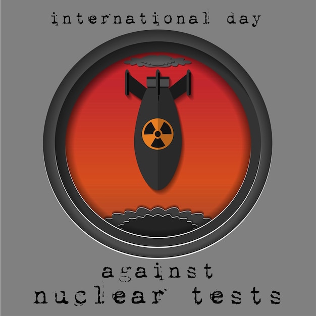 Pocztówka Papercut poświęcona międzynarodowemu dniu przeciw próbom jądrowym bomba i eksplozja nuklearna na tle czerwonego nieba