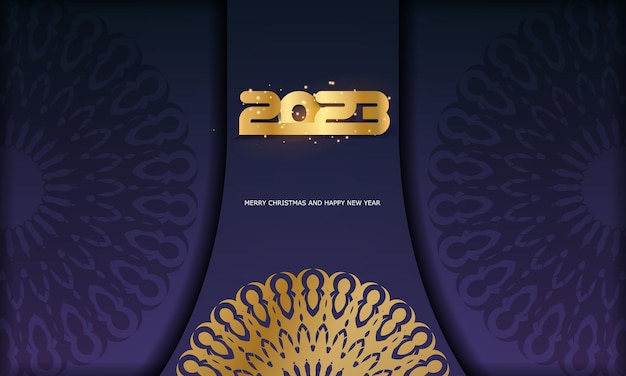 Pocztówka świąteczna Szczęśliwego Nowego Roku 2023 Złoty Wzór Na Niebiesko