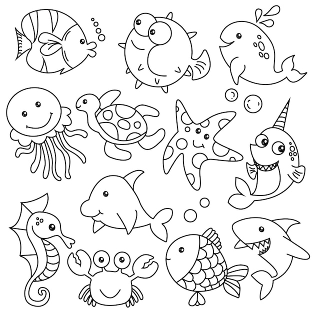 Pod Morzem - Rysunek Doodle Słodkie Zwierzęta Morskie Ilustracji Wektorowych