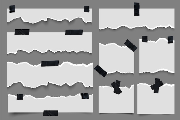 Podarte Notatki Papierowe Z Taśmą Samoprzylepną Kolekcja Podartych Pasków Przyklejona Na Lepkich Czarnych Wstążkach Arkusze Notatnika Z Zakrzywionymi Obramowaniami Realistyczne Strzępy Stron Notatnika Zestaw Notatek Wektorowych