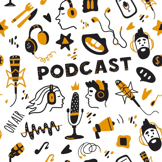 Podcast Bezszwowe Wektor Wzór Elementy Ręcznie Rysowane