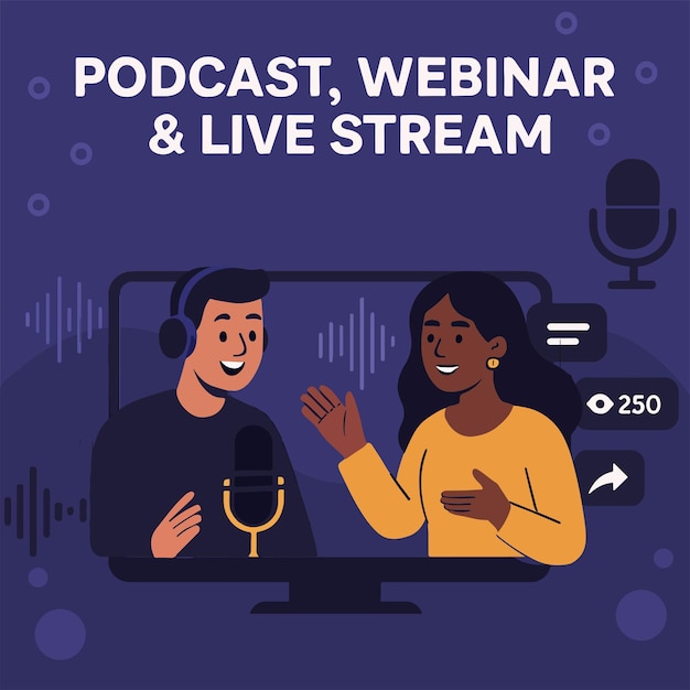 Podcast livestream webinar reklama wektor płaski