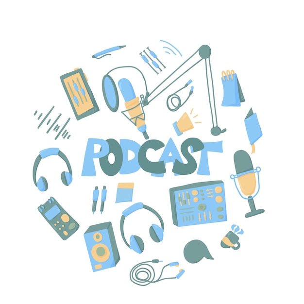 Podcast okrągły emblemat z ręcznie narysowanymi literami