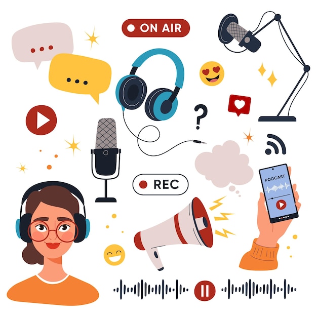 Podcasting ikony ustawione z mikrofonami słuchawki aplikacja dla smartfonów i host avatar strumieniowy audio i
