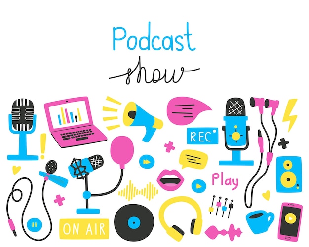 Podcasty ustawiają jasną ilustrację wektorową w płaskim stylu