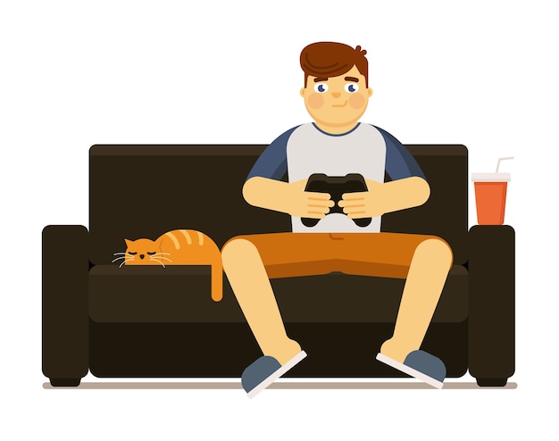 Plik wektorowy podekscytowany mężczyzna z gamepadem joysticka, grając w gry wideo, siedząc na kanapie w domu ilustracja na białym tle
