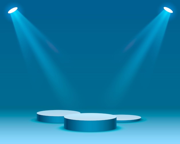 Podium na scenie z oświetleniem Scena na podium z ceremonią wręczenia nagród na niebieskim tle