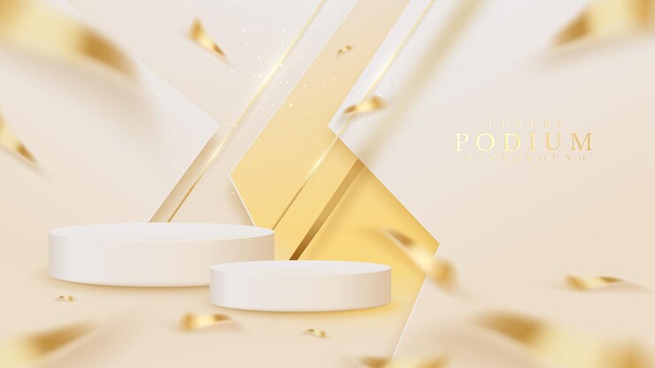 Podium pokazu produktów z błyszczącą złotą linią ukośną i niewyraźnymi elementami wstążki, 3d realistyczny luksusowy styl tła.