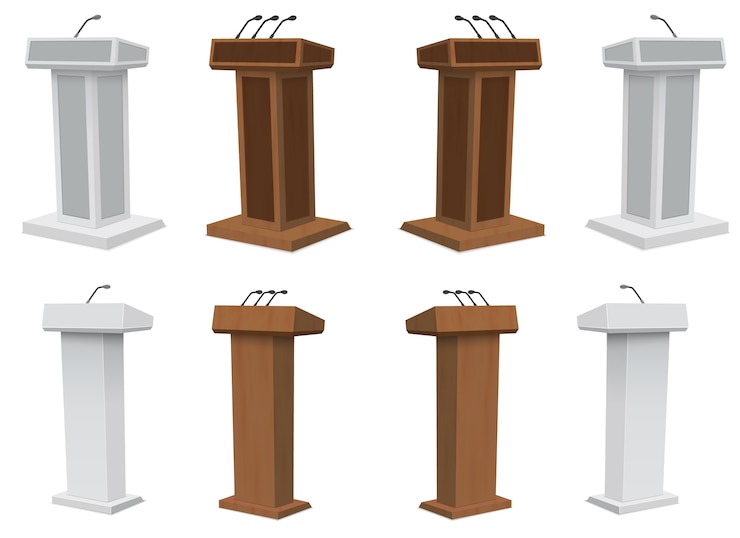 Wektor podium tribune rostrum stand z izolowanymi mikrofonami.