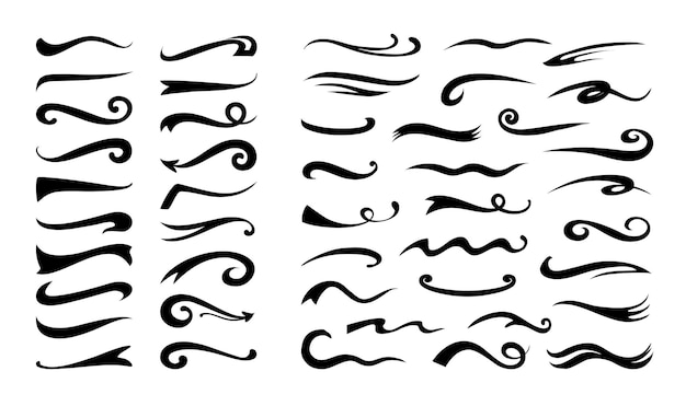 Plik wektorowy podkreślenie swash flourish retro swoosh ręcznie narysowana dekoracyjna typografia pociągnięcie piórem izolowane czarne linie sylwetki i wiry kalligraficzne elementy dzielące kolekcja vector doodle swish logo zestaw