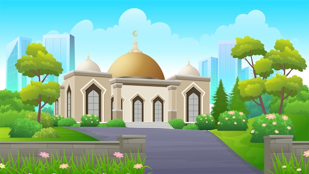 Podmiejski islamski meczet z zielonym trawnikiem, krzakiem i drzewami ilustracji wektorowych