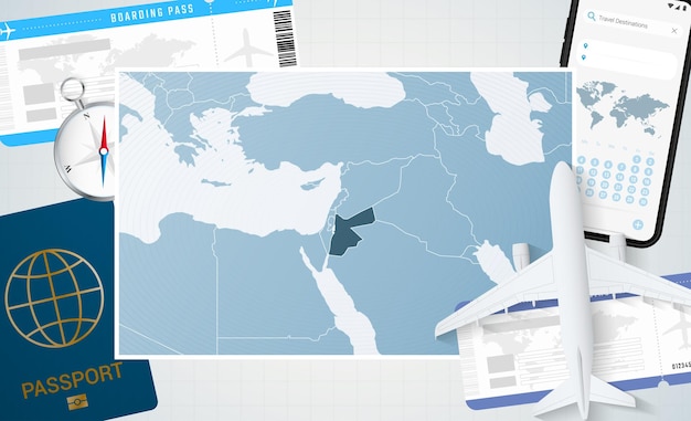 Podróż Do Jordanii Ilustracja Z Mapą Jordanii Tło Z Samolotem Telefon Komórkowy Paszport Kompas I Bilety