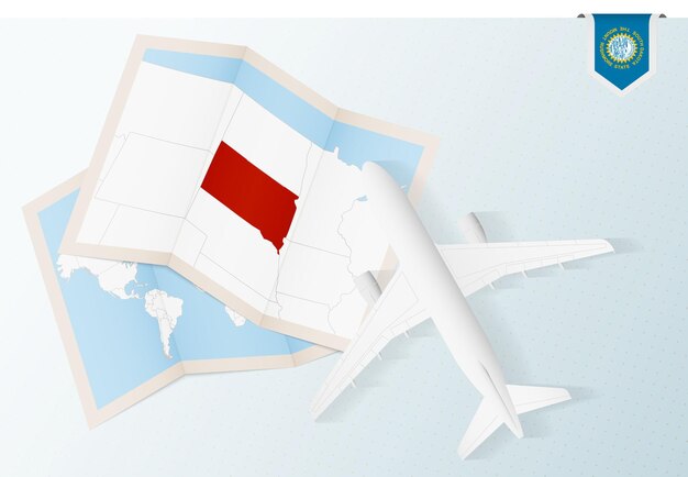 Podróż Do Południowej Dakoty, Samolot Z Widokiem Z Góry Z Mapą I Flagą Południowej Dakoty.