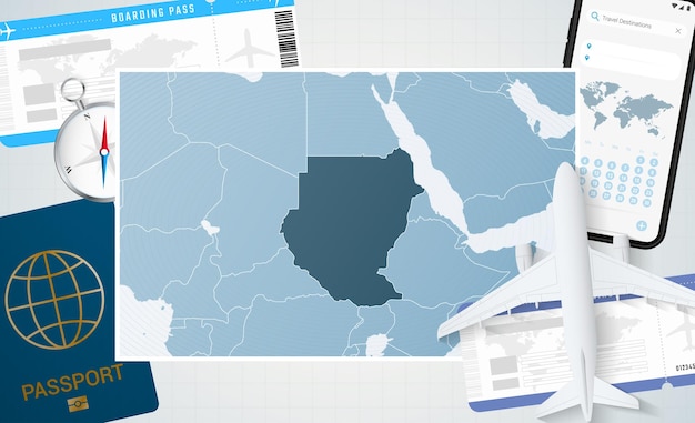 Plik wektorowy podróż do sudanu ilustracja z mapą sudanu tło z kompasem paszportowym telefonu komórkowego i biletami