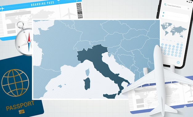 Podróż Do Włoch Ilustracja Z Mapą Włoch Tło Z Kompasem Paszportem Lotniczym I Biletami