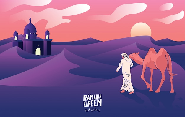 Plik wektorowy podróż mężczyzny z camels przez pustynię w nocy w powitaniu ramadan kareem, ilustracji wektorowych. -wektor