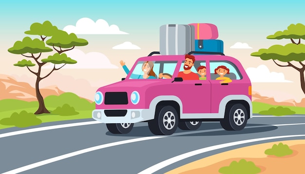 Podróż rodzinna samochodem Podróż drogowa Przygoda szczęśliwa rodzina z dziećmi ciesząca się wakacjami jazda w SUV z bagażem na dachu Ilustracja wektorowa wakacji letnich kreskówek