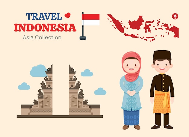 Plik wektorowy podróże po indonezji płaskie ikony zestaw indonezyjski element ikona mapa i zabytki symbole i obiekty kolekcja ilustracji wektorowych