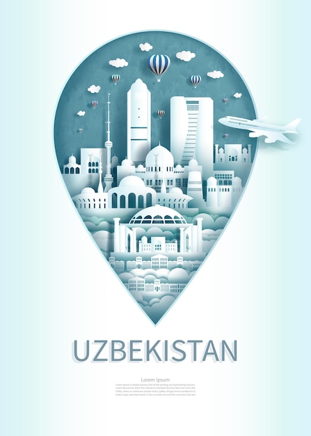 Podróżuj punktem orientacyjnym do uzbekistanu pin point nowoczesnego i starożytnego pomnika