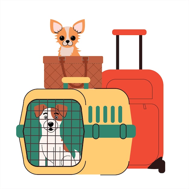 Podróżując z zwierzętami domowymi urocze chihuahua w eleganckiej torbie i jack russell terrier w przenośniku dla zwierząt domowych z