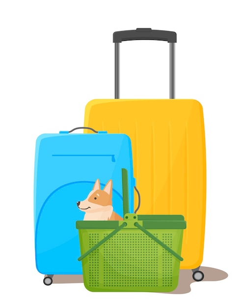 Plik wektorowy podróżując ze zwierzętami walizki i transporter dla psa wesoły corgi obok klatki transportowej