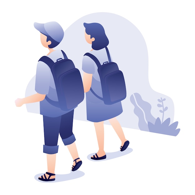 Plik wektorowy podróży ilustracja z młodym mężczyzną i kobietą chodzić razem niosąc plecak