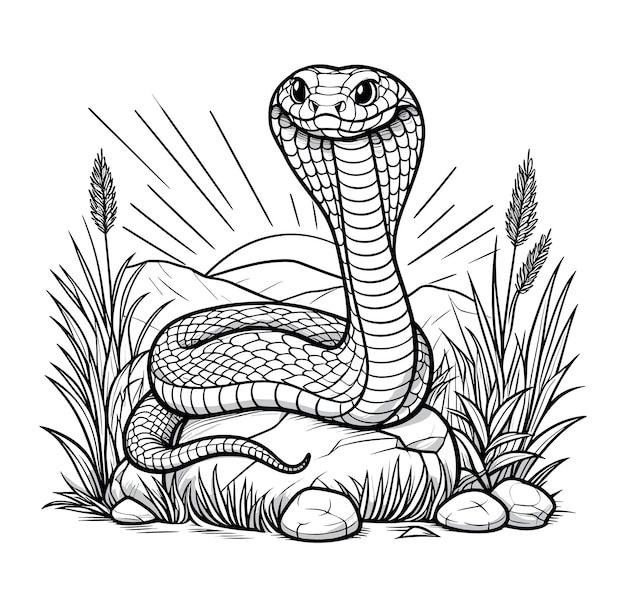 Podstawowa Ilustracja Węża Na Skale Z Trawą Odpowiednią Do Kolorowania Książki