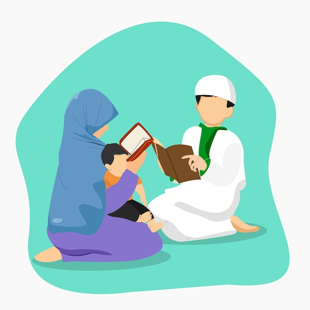 Plik wektorowy podstawowe postacie rodziny muzułmańskiej rgb czytają koran