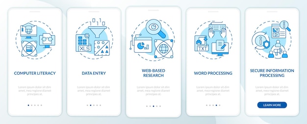 Podstawowe umiejętności cyfrowe niebieski ekran aplikacji mobilnej na pokład Przewodnik obsługi komputera 5 kroków instrukcje graficzne strony z koncepcjami liniowymi Szablon UI UX GUI Myriad ProBold Użyte zwykłe czcionki