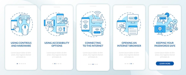 Podstawowe Umiejętności W Zakresie Podstaw Cyfrowych Niebieski Ekran Aplikacji Mobilnej Onboarding Przewodnik 5 Kroków Z Instrukcjami Graficznymi Strony Z Koncepcjami Liniowymi Szablon Ui Ux Gui Myriad Probold Używane Zwykłe Czcionki