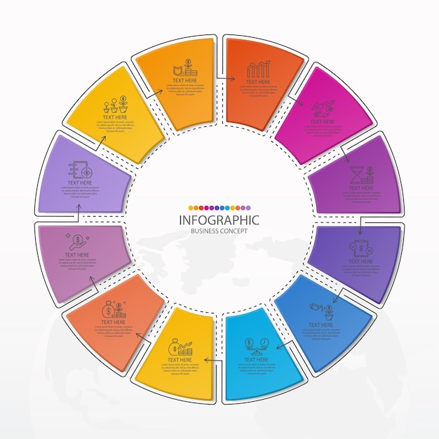Plik wektorowy podstawowy szablon infografiki okręgu z 12-etapowym procesem lub schematem procesu opcji