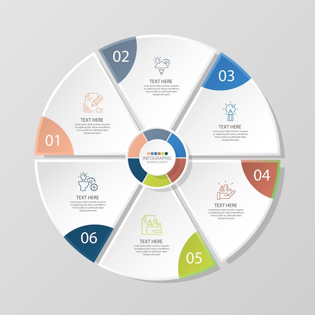 Podstawowy szablon infografiki okręgu z 6 krokami, procesem lub opcjami, wykresem procesu, używanym do diagramu procesu, prezentacji, układu przepływu pracy, schematu blokowego, infografiki. Ilustracja wektorowa eps10.
