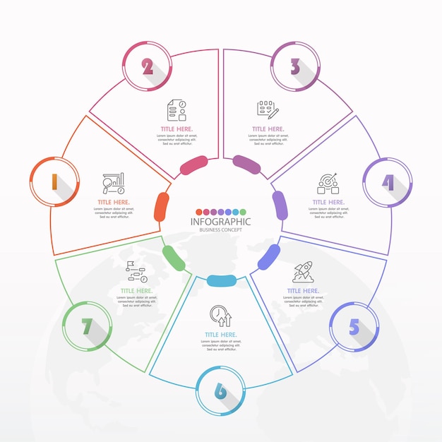 Podstawowy Szablon Infografiki Okręgu Z 7 Krokami, Procesem Lub Opcjami, Wykresem Procesu, Używanym Do Diagramu Procesu, Prezentacji, Układu Przepływu Pracy, Schematu Blokowego, Infografiki. Ilustracja Wektorowa Eps10.