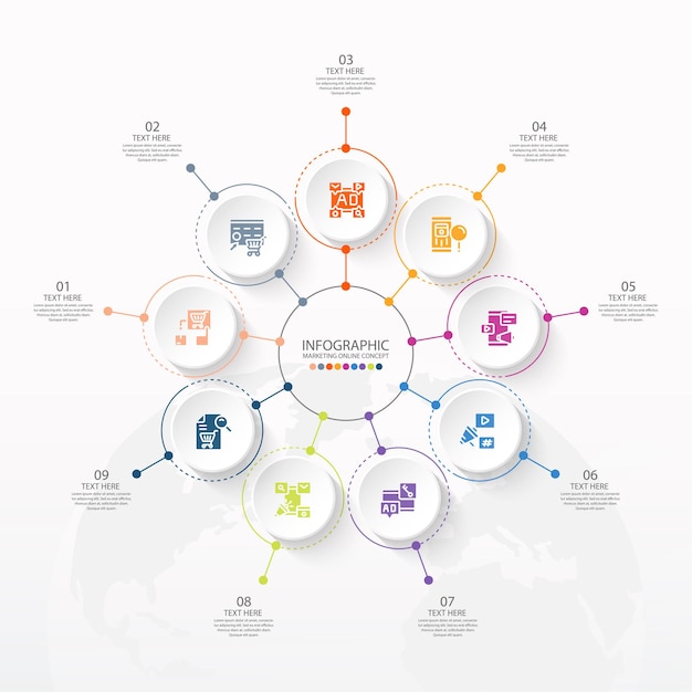Podstawowy Szablon Infografiki Okręgu Z 9 Krokami, Procesem Lub Opcjami, Wykresem Procesu, Używanym Do Diagramu Procesu, Prezentacji, Układu Przepływu Pracy, Schematu Blokowego, Infografiki. Ilustracja Wektorowa Eps10.