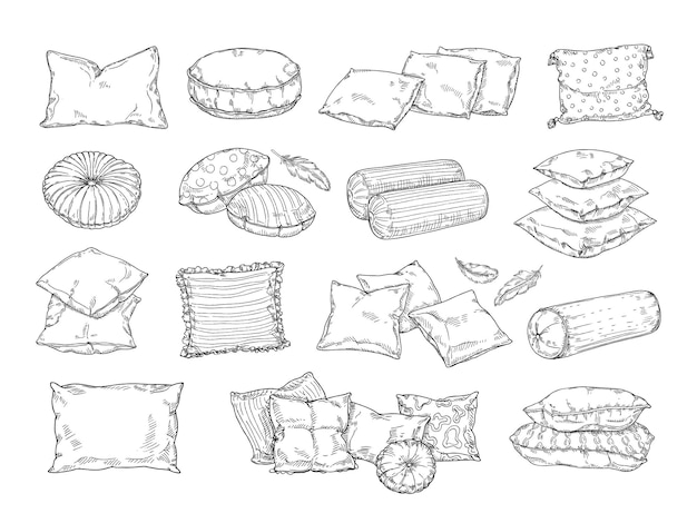 Plik wektorowy poduszka szkic rysunek ręcznie rysowane poduszki do sypialni doodle przytulne tekstylia domowe akcesoria do spania wektor zestaw ilustracji