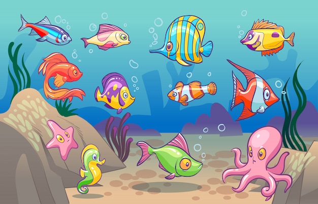 Podwodna Scena. śliczne Morskie Ryby Tropikalne Ocean Podwodne Zwierzęta. Podmorski Dno Z Koralowymi Wodorostami Dla Dzieci