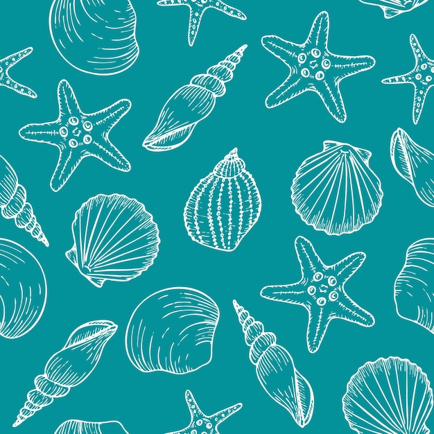 Podwodny bezszwowy wzór z linią muszli artystycznych w kolorze białym na turkusowym tle szkic muszli morskich rysunek letni odcisk plaży oceanicznej na tle tkaniny włókienniczej
