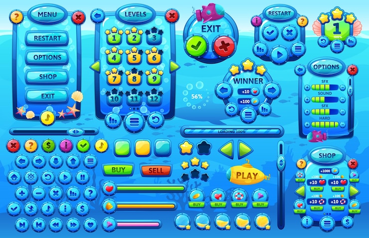 Wektor podwodny ocean interfejs gry kreskówka morze gui