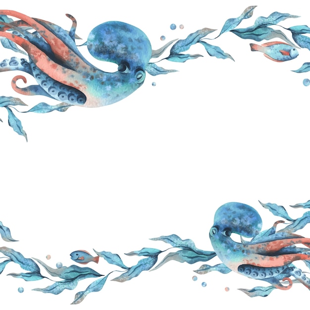 Plik wektorowy podwodny świat clipart z zwierzętami morskimi ośmiornica ryby bąbelki i glony ręcznie narysowane akwarele