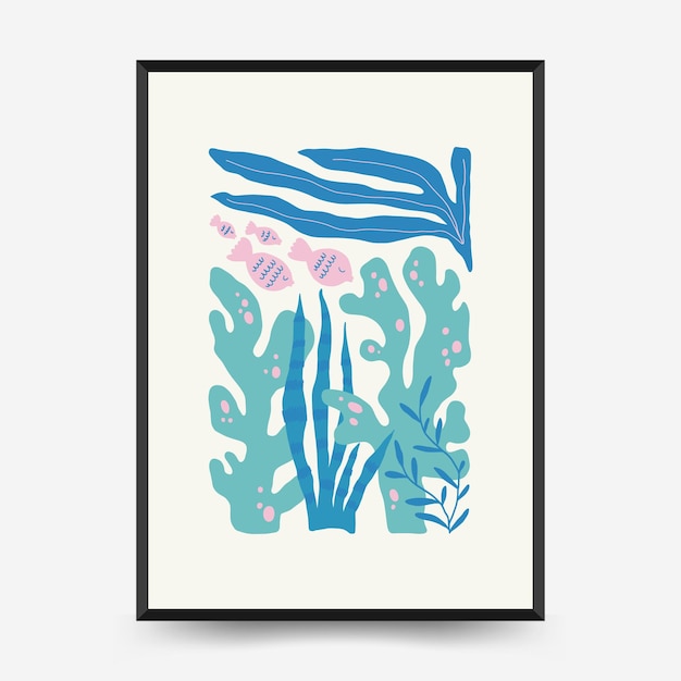 Podwodny świat, Ocean, Morze, Ryby I Muszle Szablon Plakatu. Minimalistyczny Styl Matisse'a