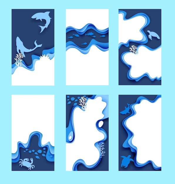 Podwodny świat w mediach społecznościowych artykuły szablon wektorowy Podmorskie głębokie tła przyrody z zwierzętami morskimi kopiować przestrzeń Kreatywne wycięcie papieru wektorowe ilustracje artystyczne dla plakatów banerów okładki karty