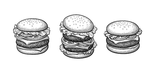 Podwójny hamburger hamburger i cheeseburger. Kolekcja rysunków tuszem.