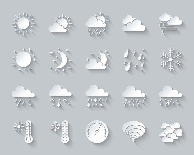 Pogoda, meteorologia, zestaw ikon klimatu obejmuje słońce, chmurę, śnieg, deszcz, cięcie papieru, projektowanie materiałów.